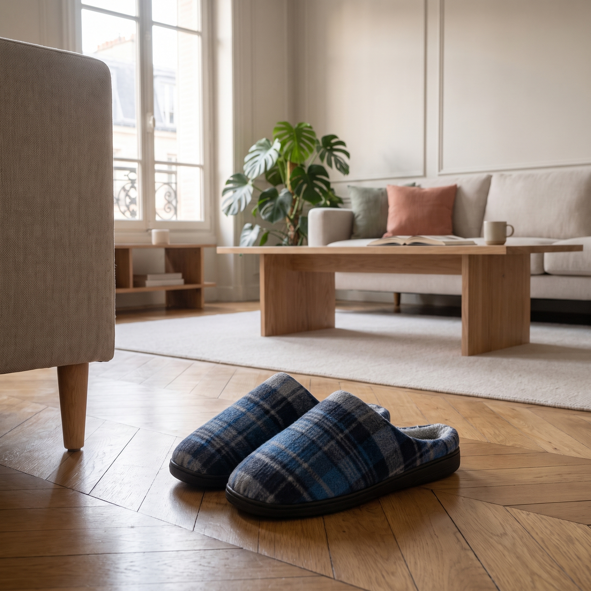 Chaussons homme écossais bleus posés au sol dans le salon