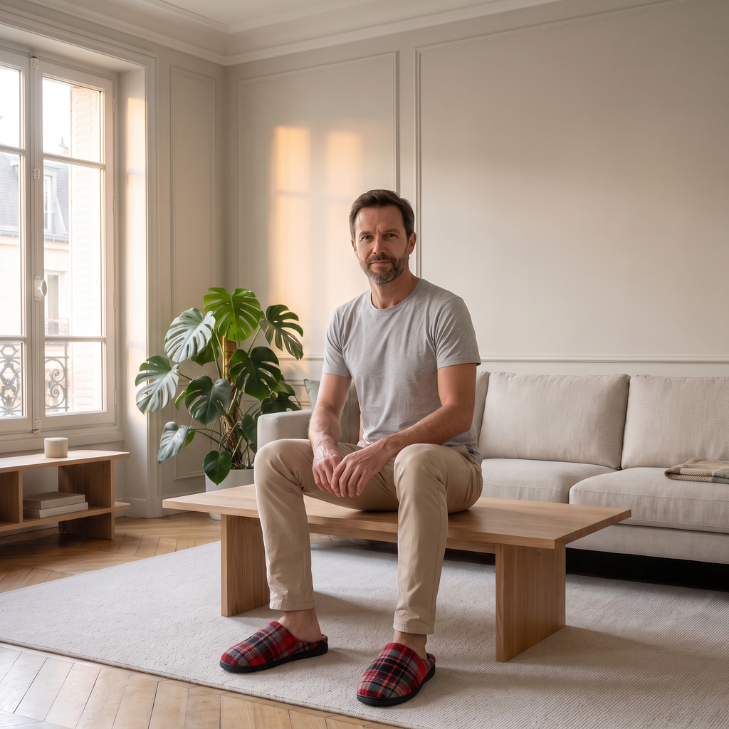 Homme du casting portant les chaussons écossais rouges assis dans le salon