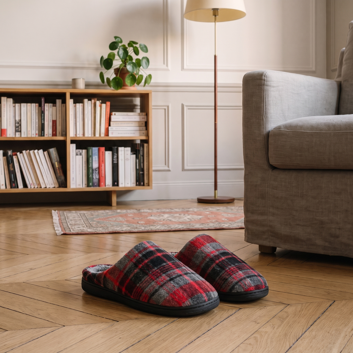 Chaussons homme écossais rouges posés au sol près du fauteuil