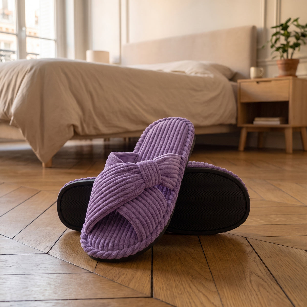 Mules femme violettes à brides croisées et semelle ondulée
