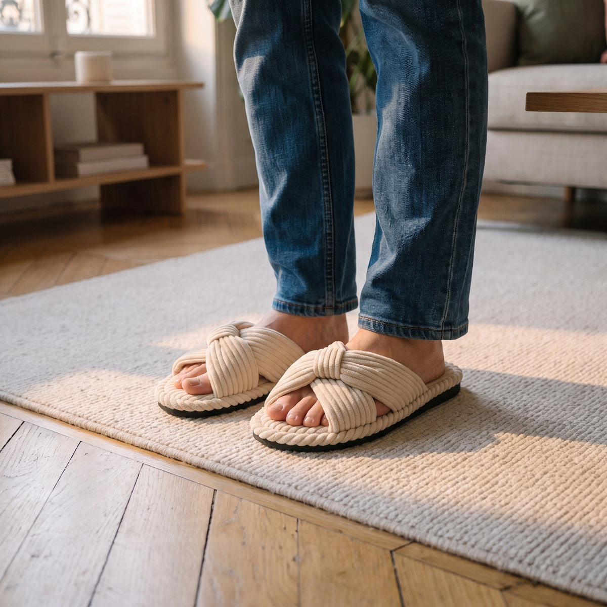 Mules femme beige écru à brides croisées portées dans un salon