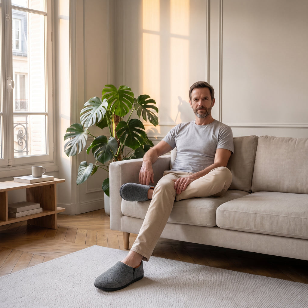 Chaussons homme gris unis portés dans un salon lumineux