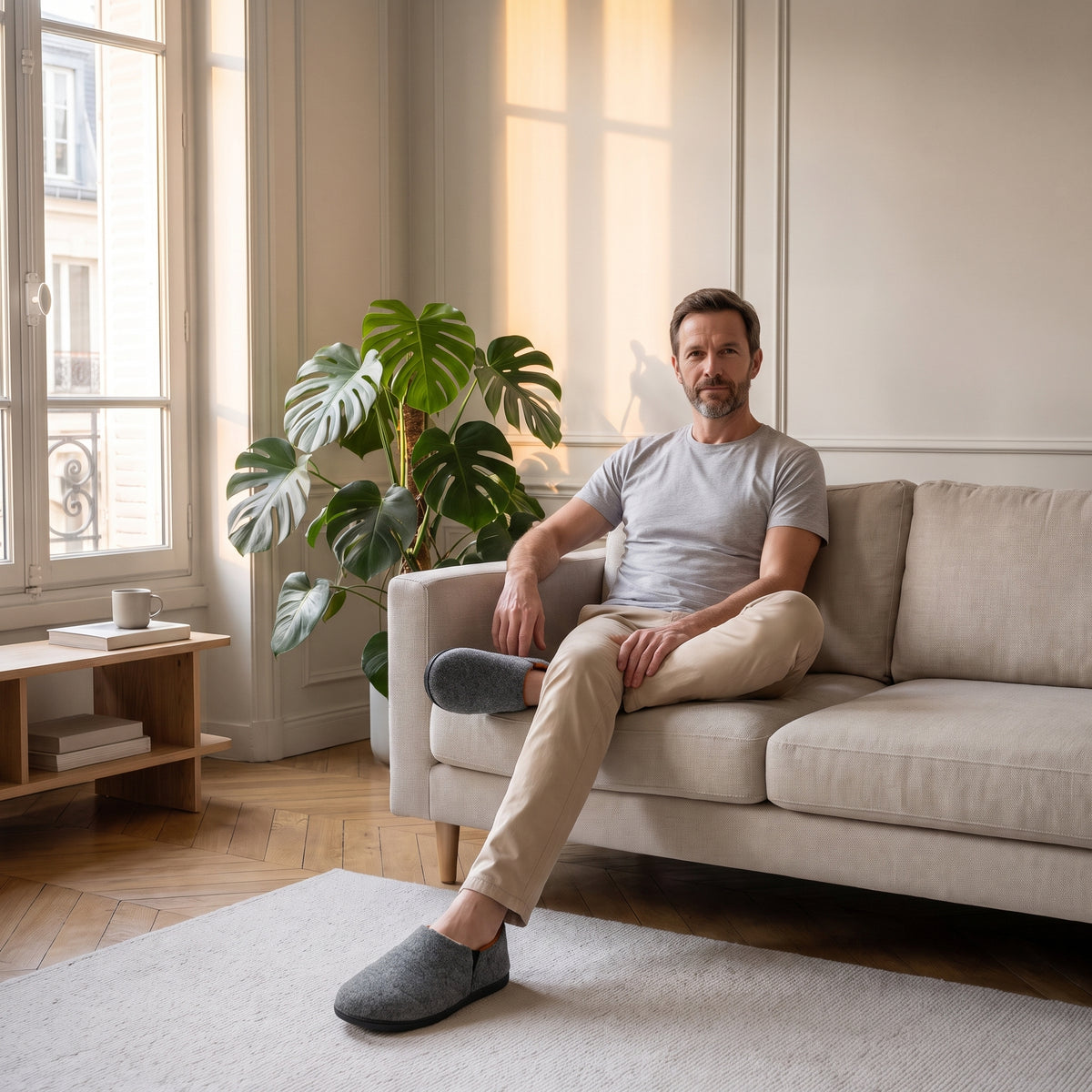 Chaussons homme gris unis portés dans un salon lumineux