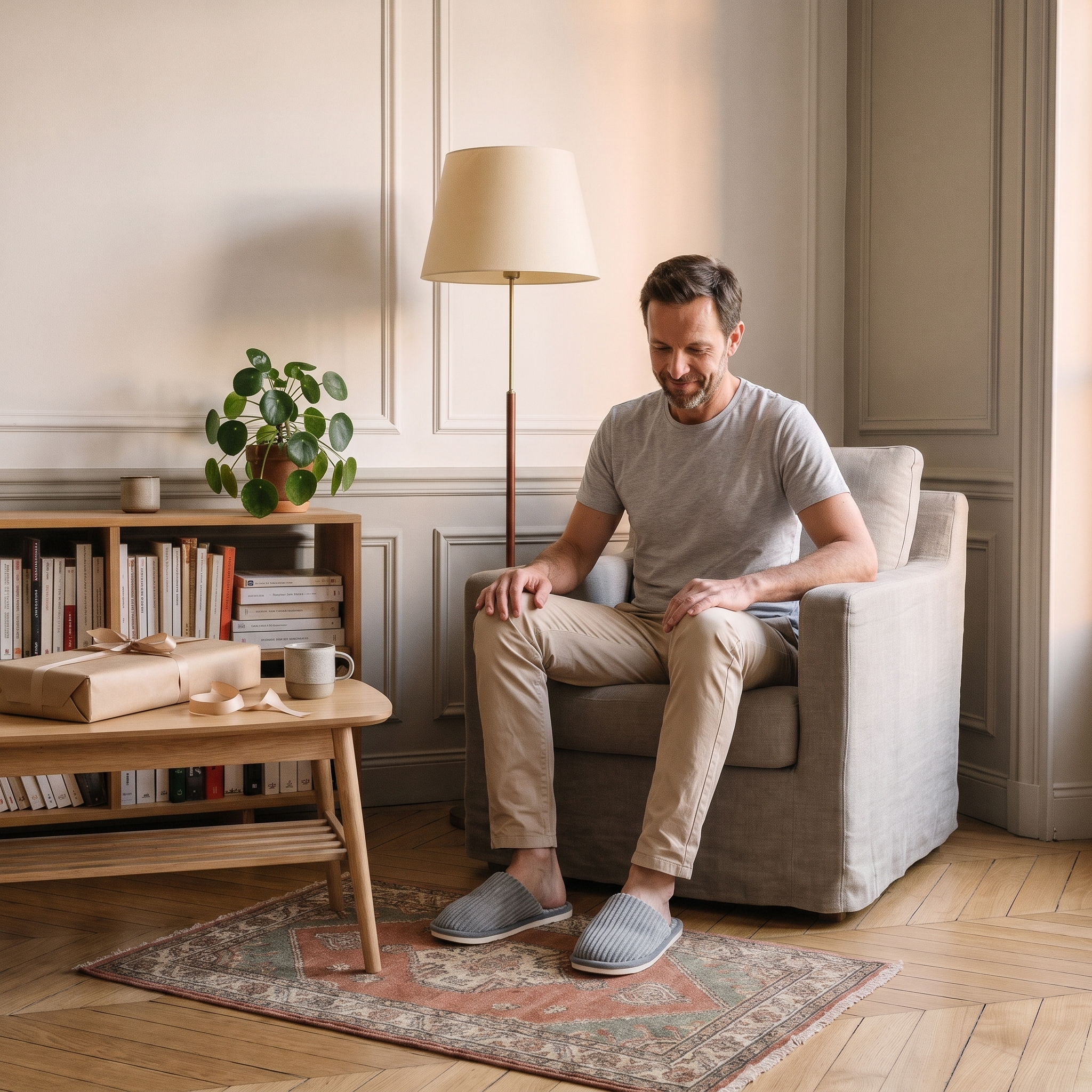 Chaussons gris portés près d’un paquet cadeau ouvert dans le coin lecture Image