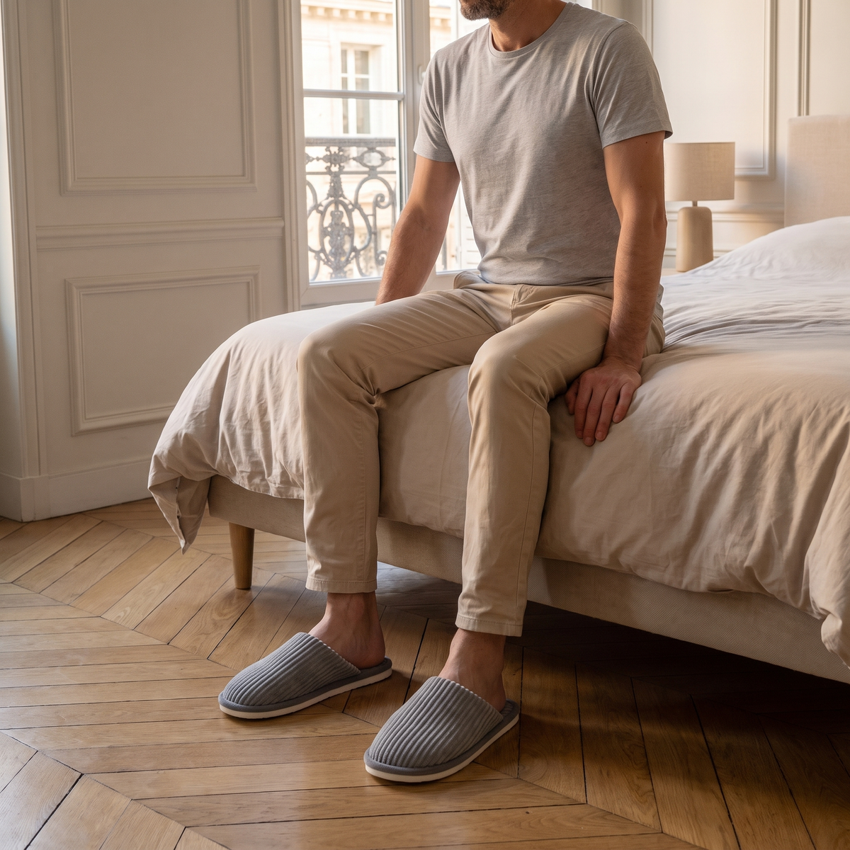 Homme du casting portant les chaussons gris au bord du lit, semelles posées sur le parquet