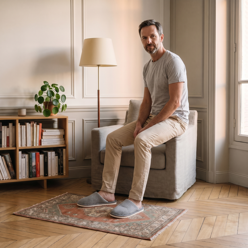 Homme du casting portant les chaussons gris dans le coin lecture, pieds ancrés sur le tapis