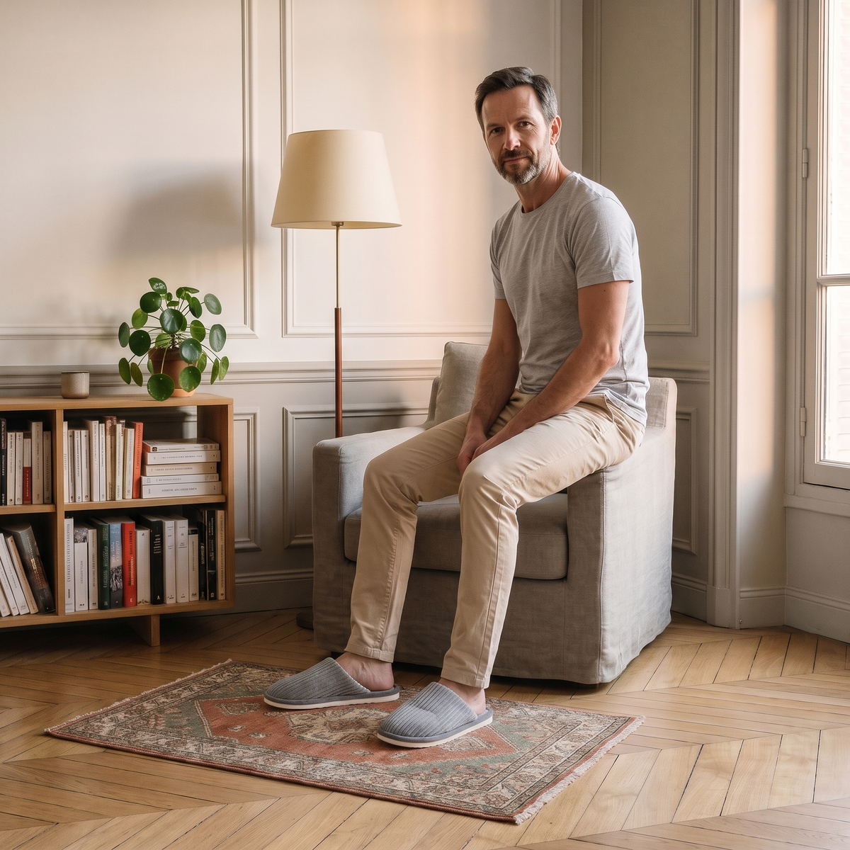 Homme du casting portant les chaussons gris dans le coin lecture, pieds ancrés sur le tapis