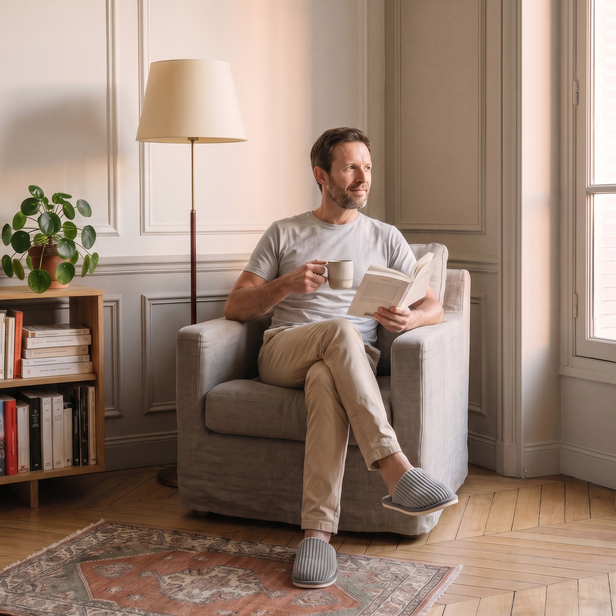 Homme du casting portant les chaussons gris en velours côtelé dans le coin lecture Image