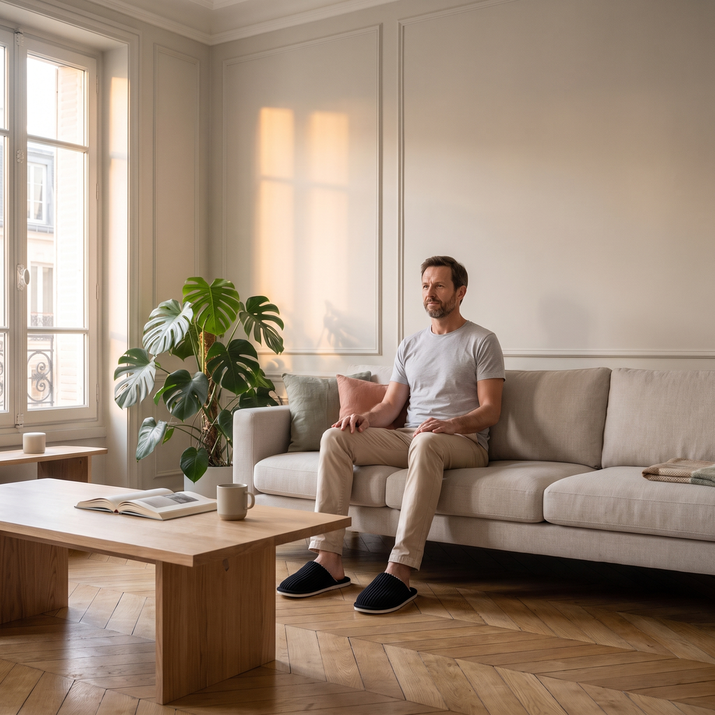 Homme du casting portant les chaussons noirs dans le salon, pieds ancrés sur le parquet