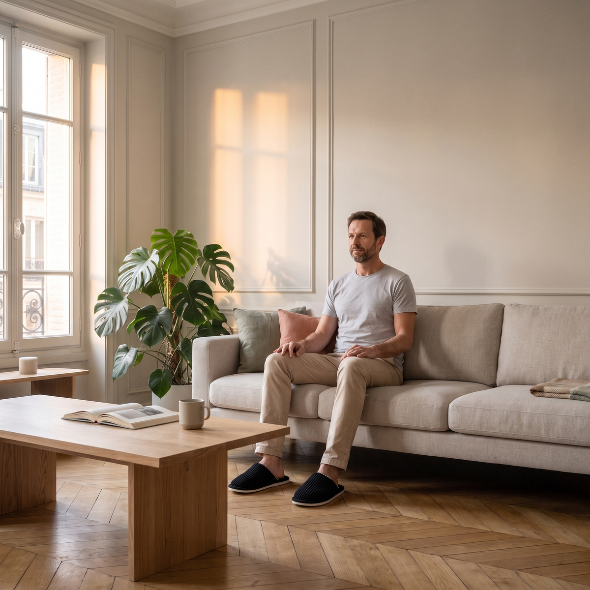 Homme du casting portant les chaussons noirs dans le salon, pieds ancrés sur le parquet