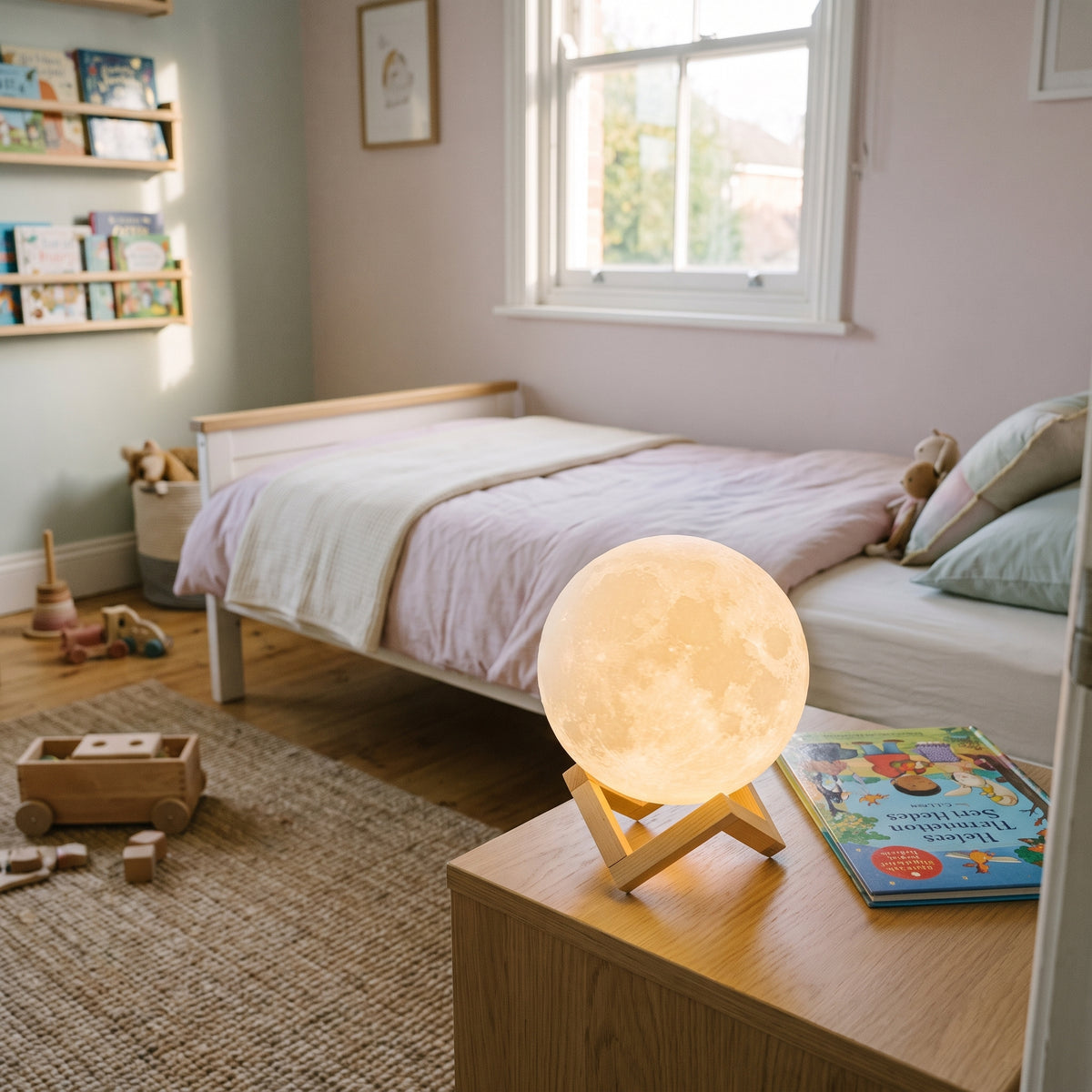 Lampe lune allumee sur la table de chevet d une chambre d enfant