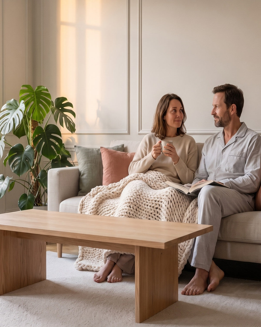 Un couple assis cote a cote sur le canape, sous un grand plaid en grosse maille