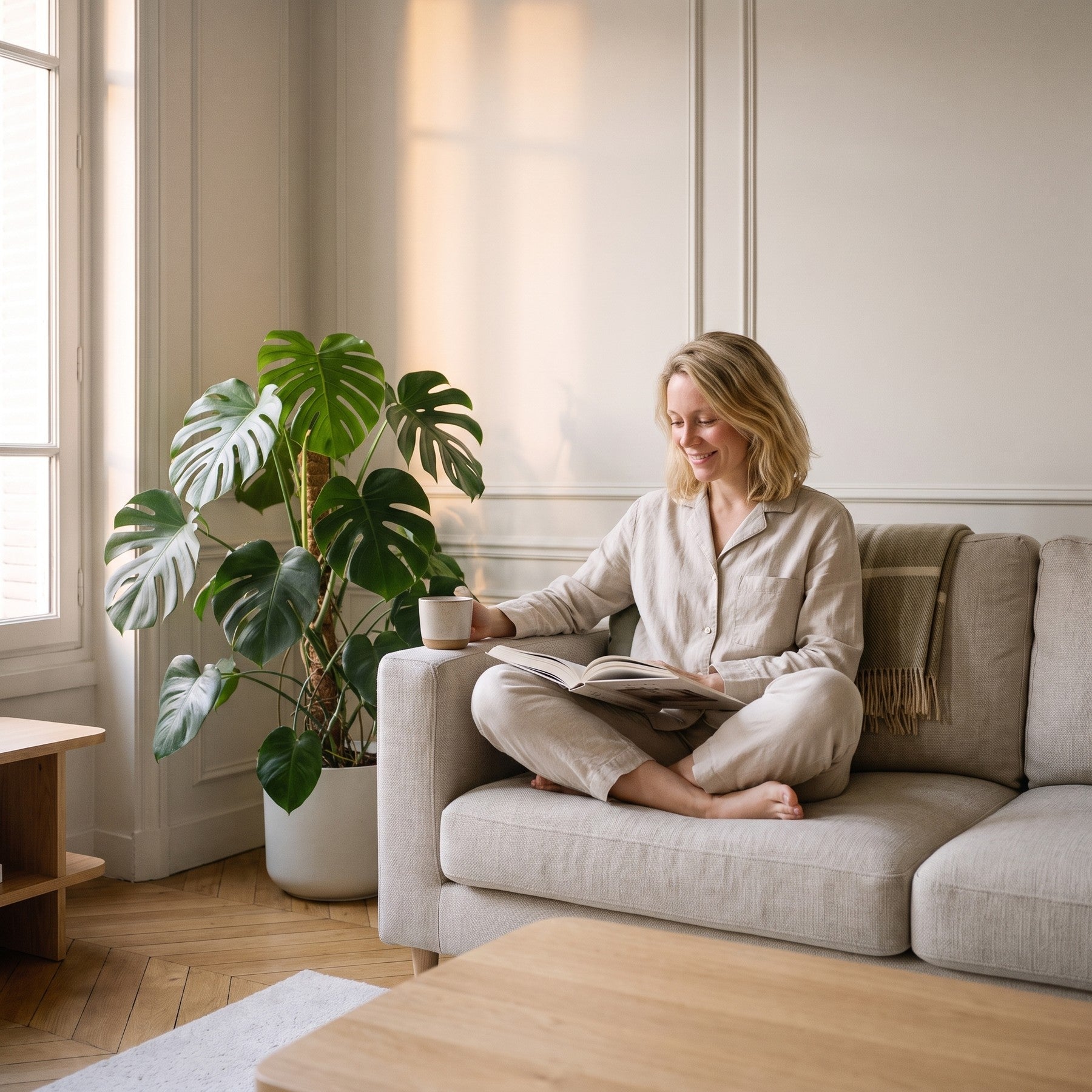 Une femme lit en tailleur sur le canape, en ensemble de pyjama en coton Image