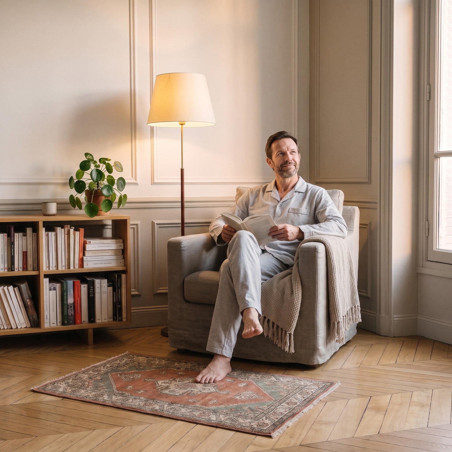 Un homme lit dans le fauteuil du coin lecture, en ensemble de pyjama Image