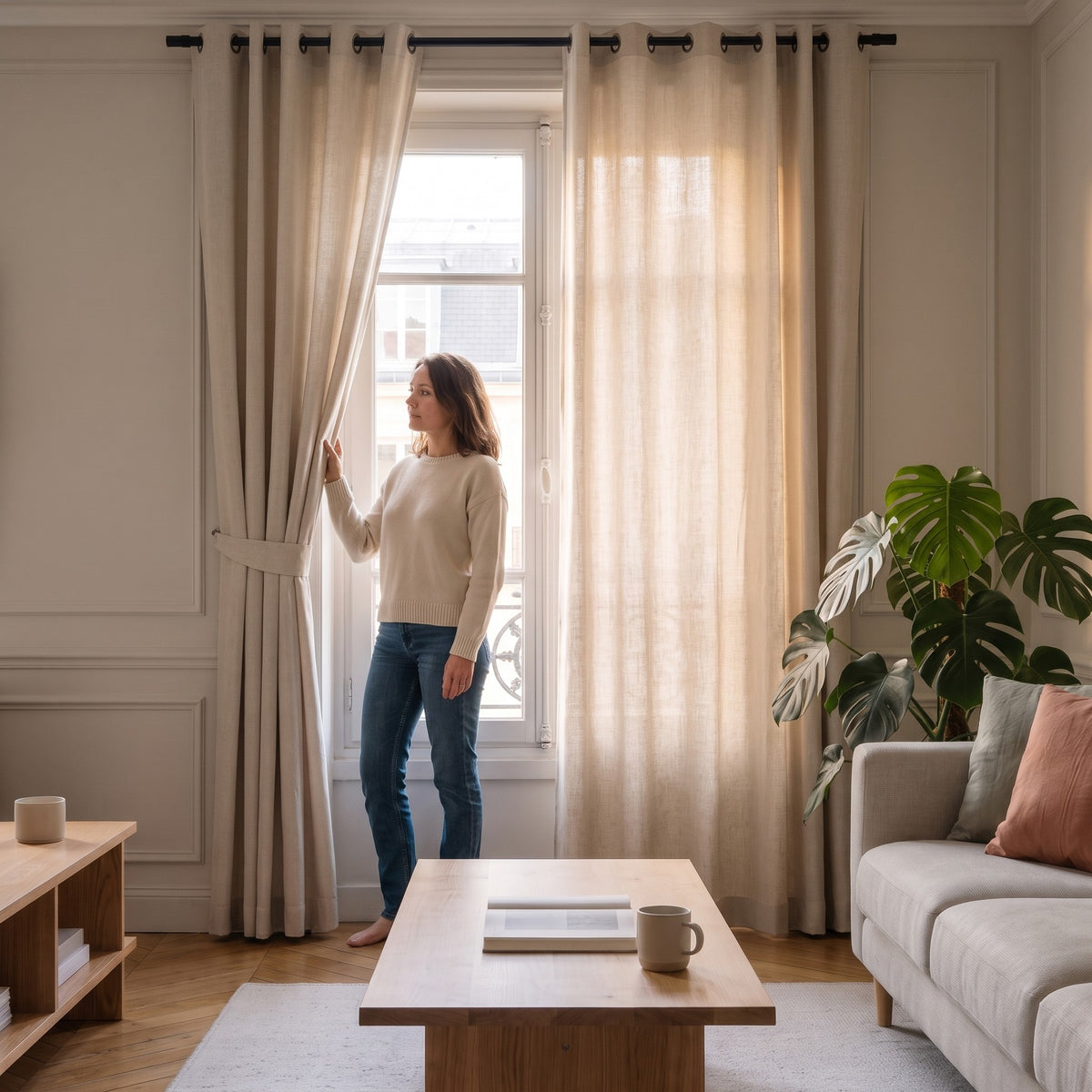 Une femme ecarte le pan d'un rideau devant la fenetre du salon Image