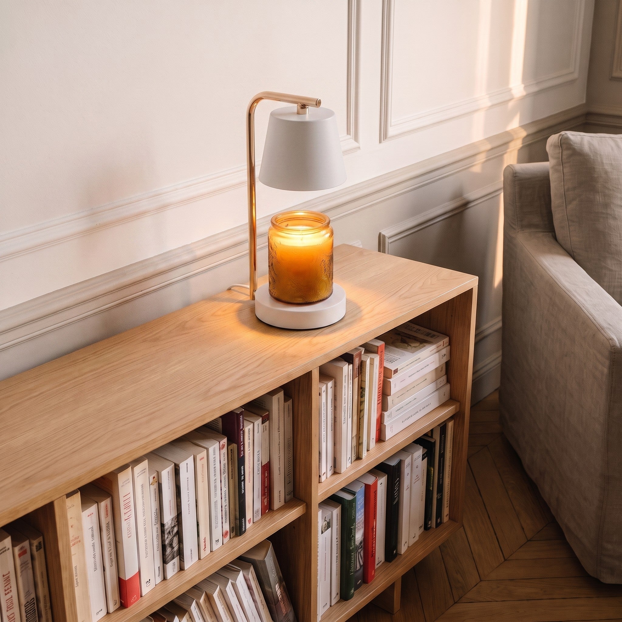 Lampe chauffe-bougie blanche allumée sur le plateau d'une bibliothèque basse en chêne clair, à côté d'un fauteuil en lin Image