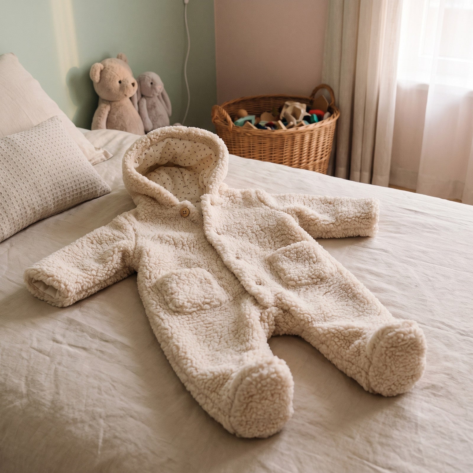 Combinaison bébé en peluche fermée sur le lit, capuche relevée en volume Image