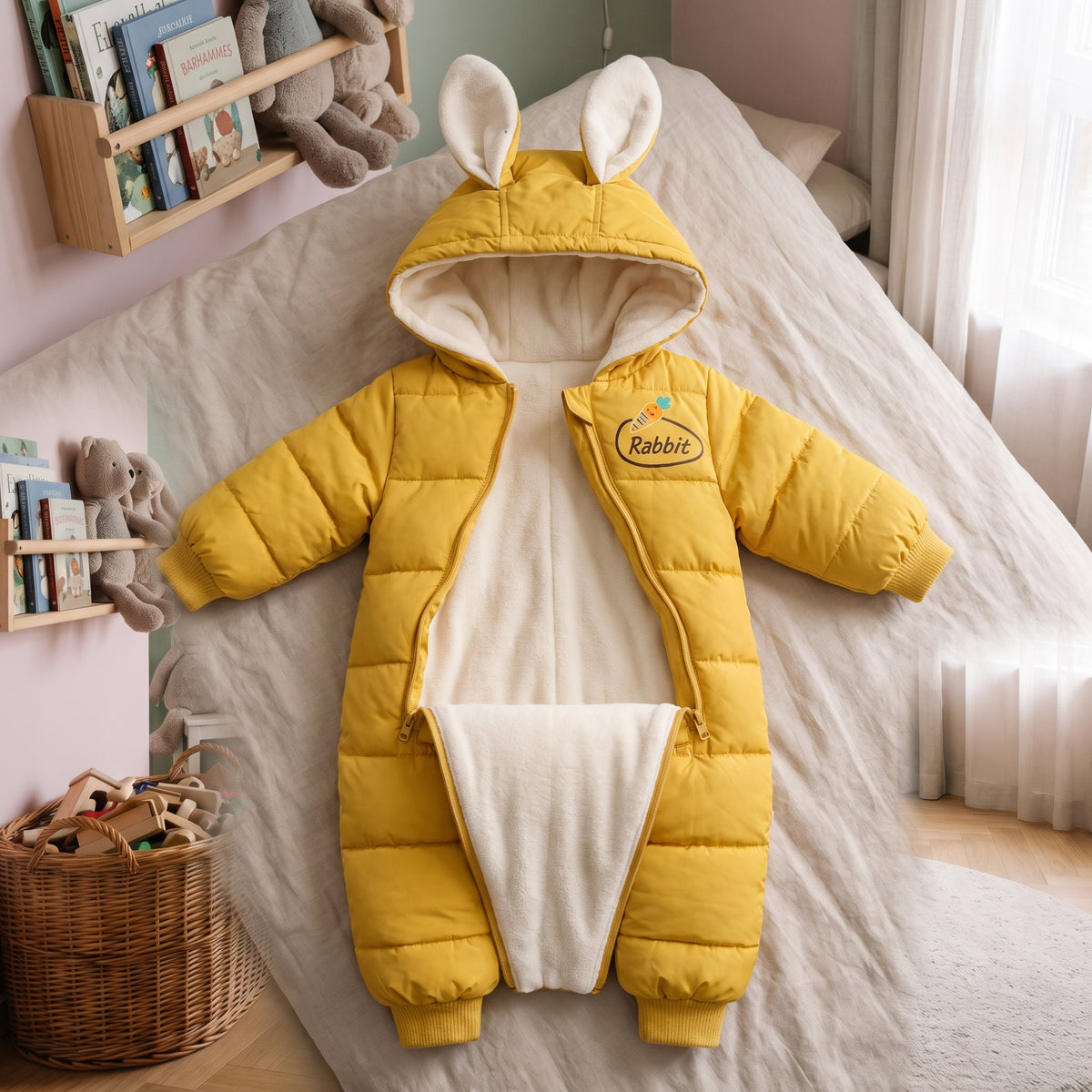 Combinaison doudoune bebe jaune ouverte a plat, ouverture centrale symetrique et doublure polaire creme, sur le lit de la chambre d enfant Image