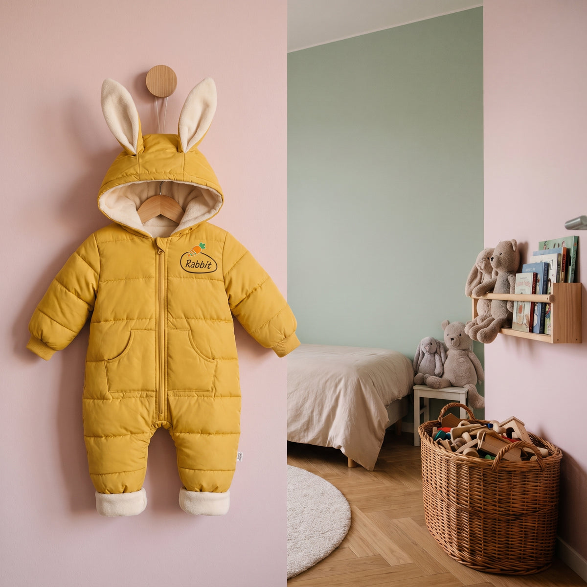Combinaison bébé suspendue à une patère dans une chambre d'enfant Image