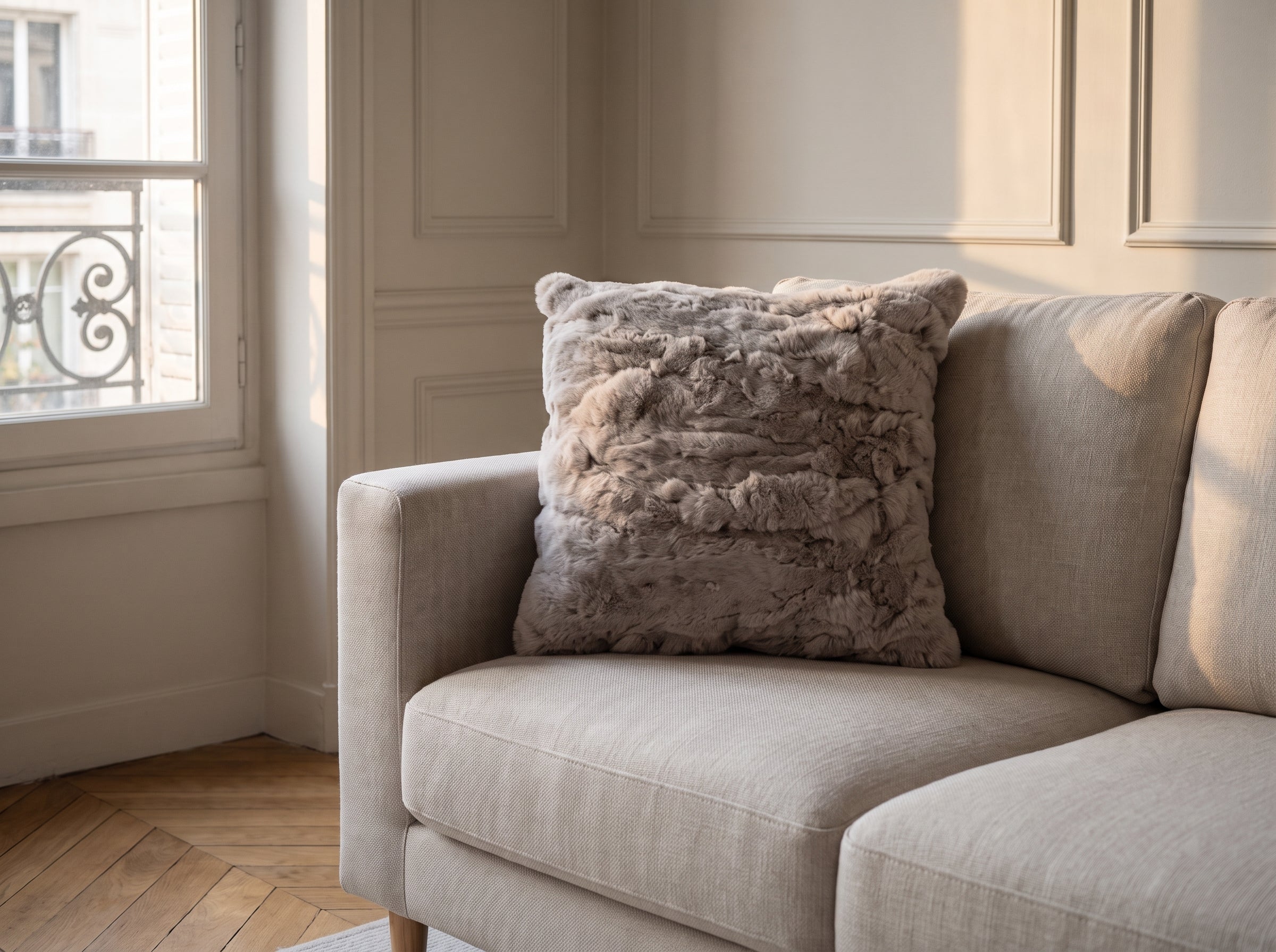 Gros plan du coussin extra doux taupe posé sur l'assise d'un canapé en lin Image