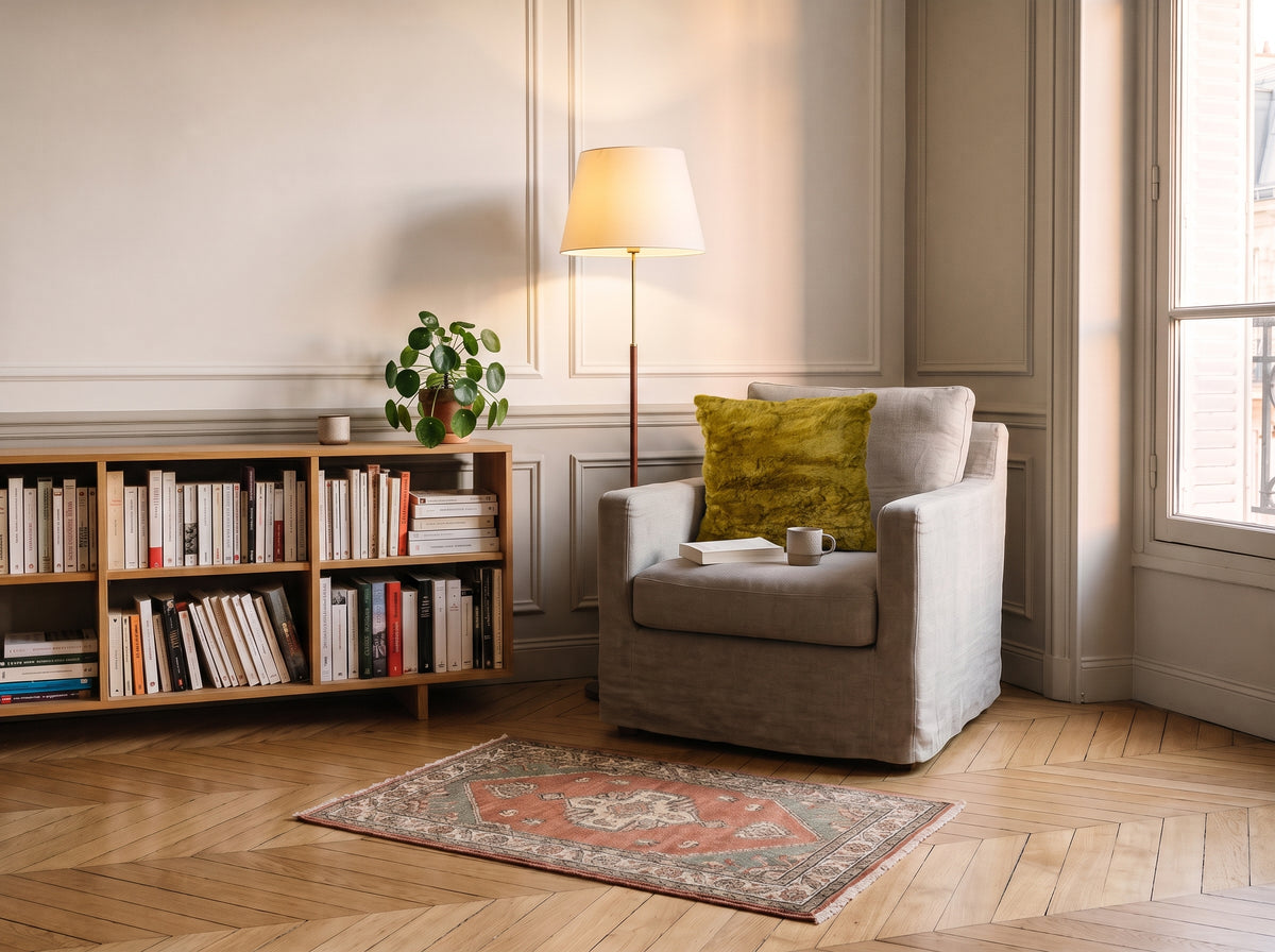 Coussin extra doux kaki posé dans le fauteuil d'un coin lecture Image