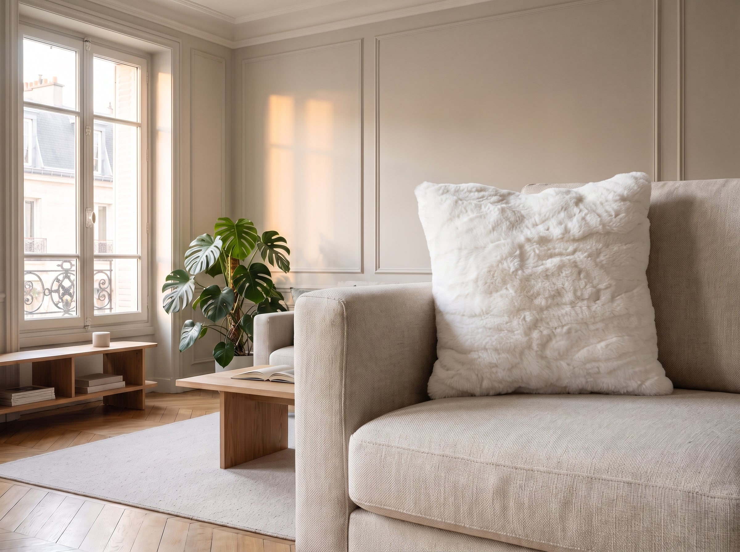 Coussin extra doux blanc sur un canapé en lin, en pleine lumière du jour Image