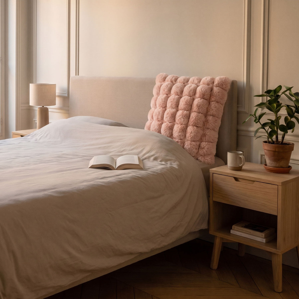 Le coussin rose en fausse fourrure posé contre la tête de lit d'une chambre claire Image