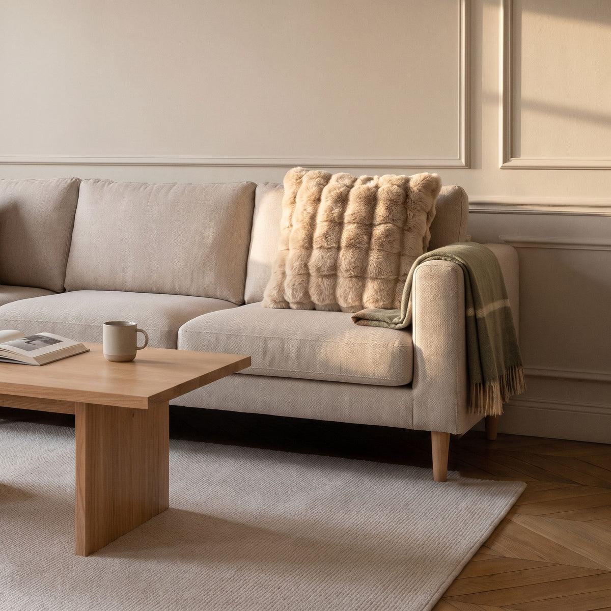 Le coussin beige en fausse fourrure sur le canapé, avec la table basse et le tapis du salon Image