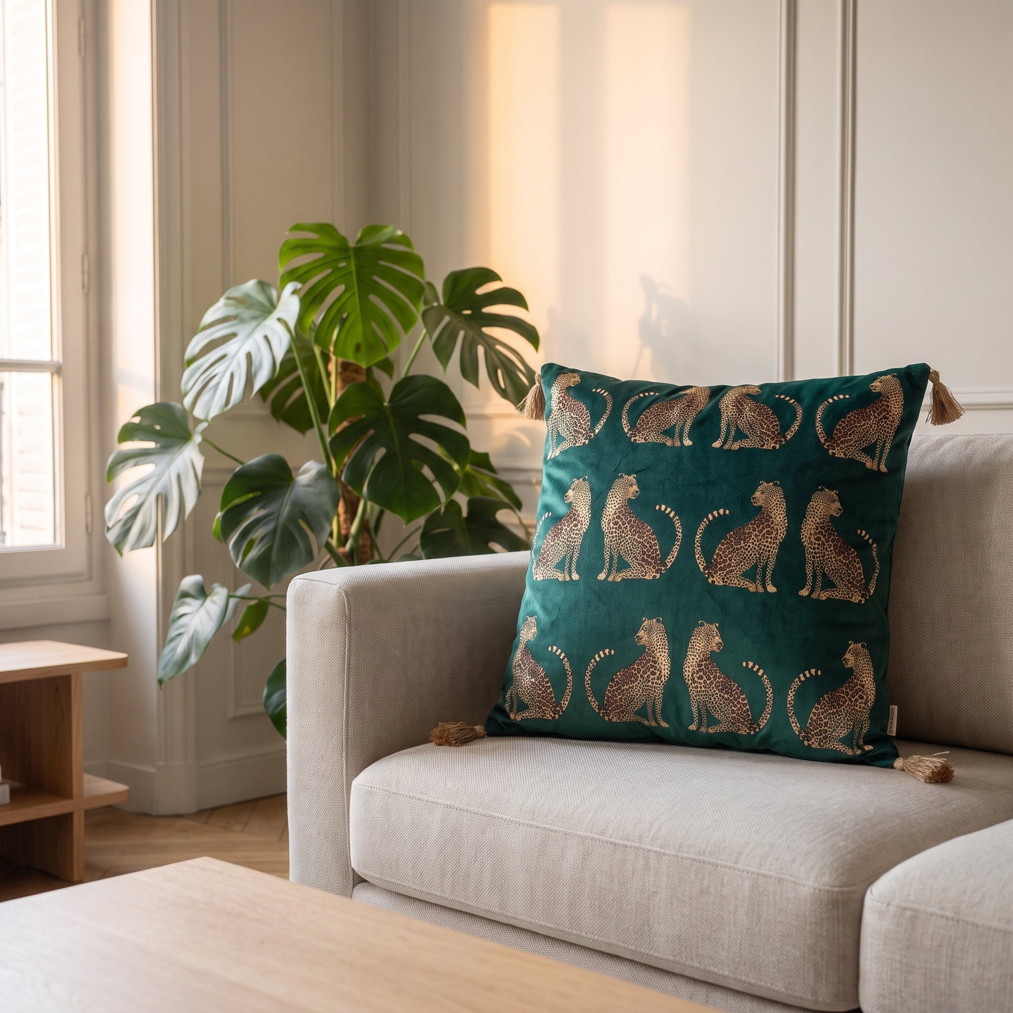 Housse de coussin léopard vert canard posée sur l'accoudoir d'un canapé Image