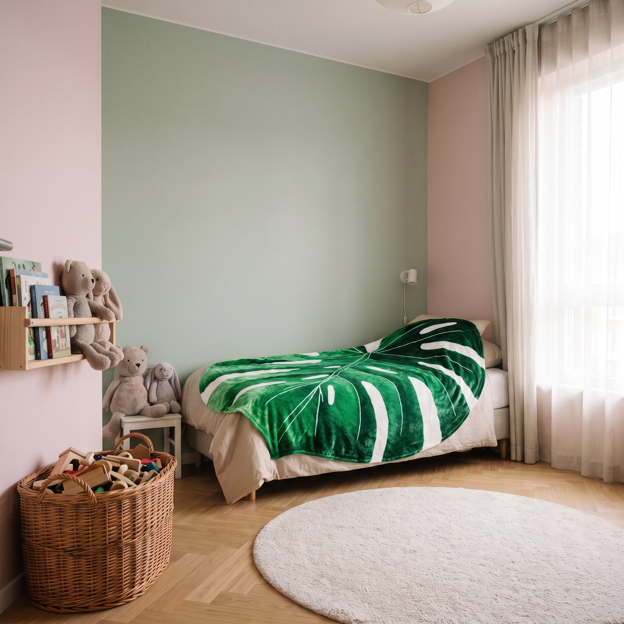 Couverture feuille de monstera dépliée sur un lit d'enfant Image