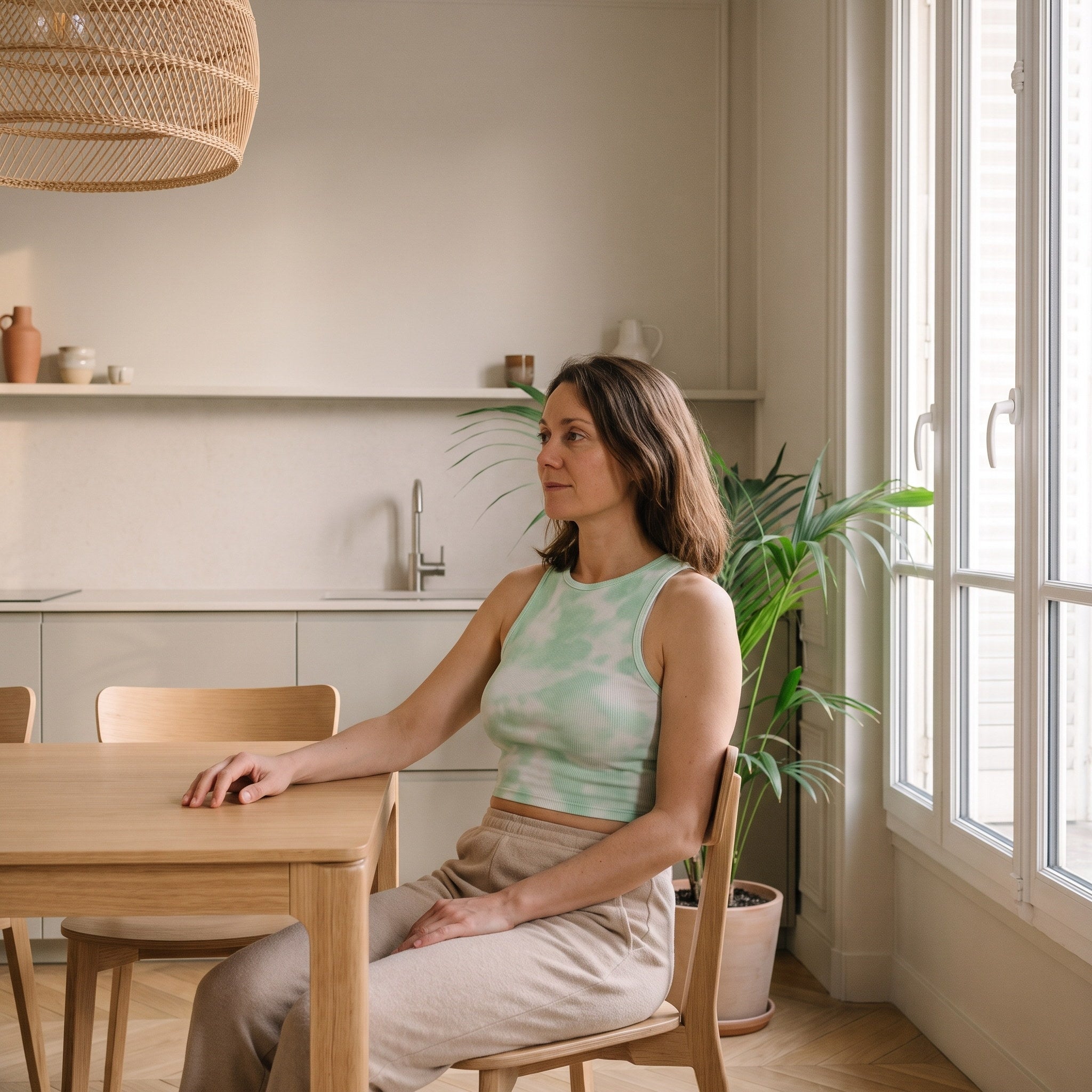 Femme assise à la table, en débardeur crop top tie and dye vert, à la fin de la journée Image