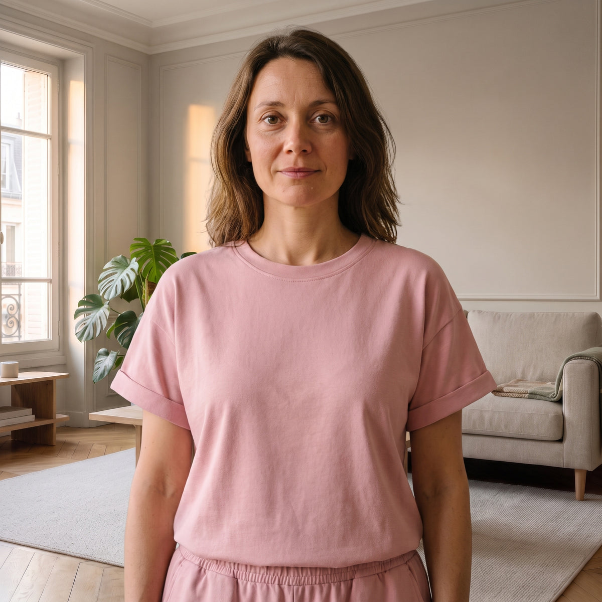 Col rond et revers de manche du t-shirt rose de l'ensemble en coton Image