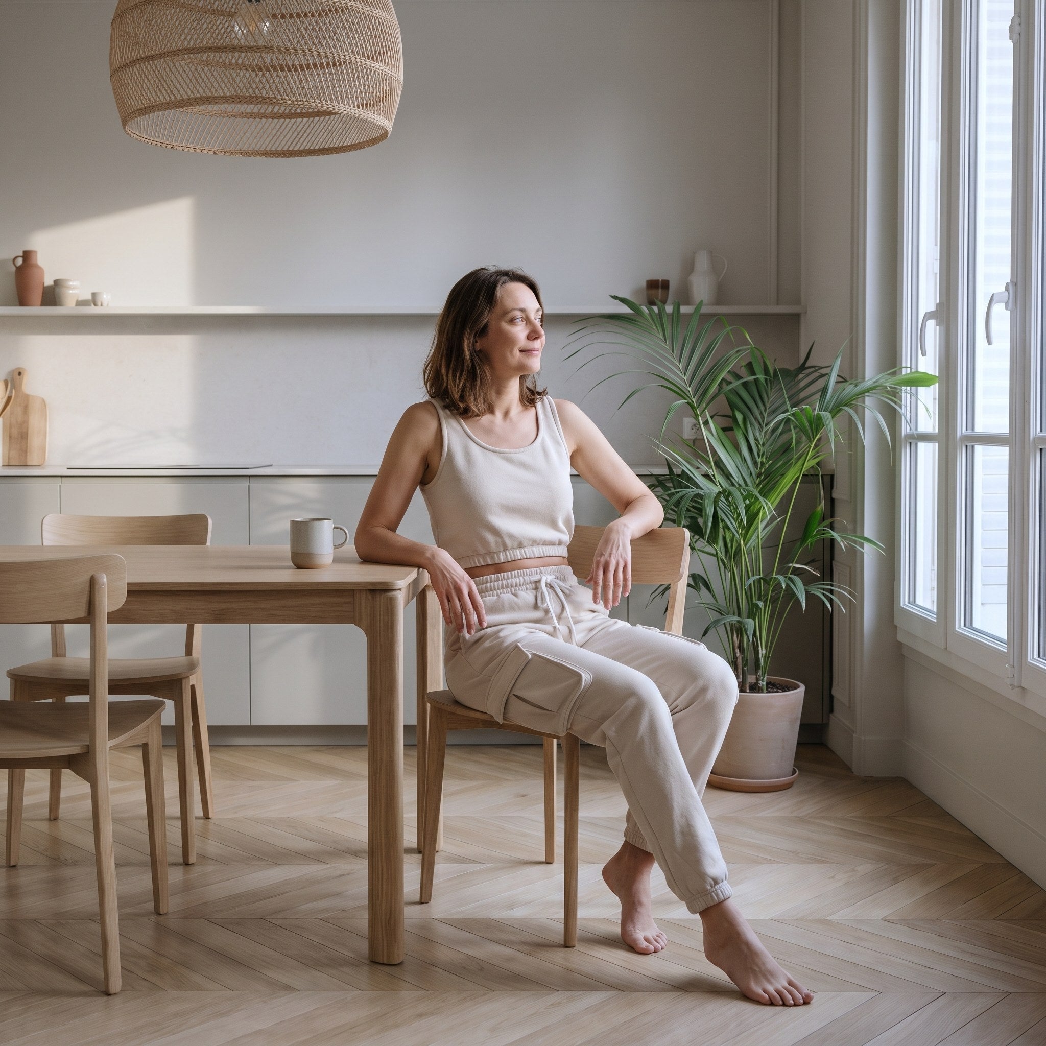 Femme assise à la table en ensemble d'intérieur beige, une tasse posée devant elle Image