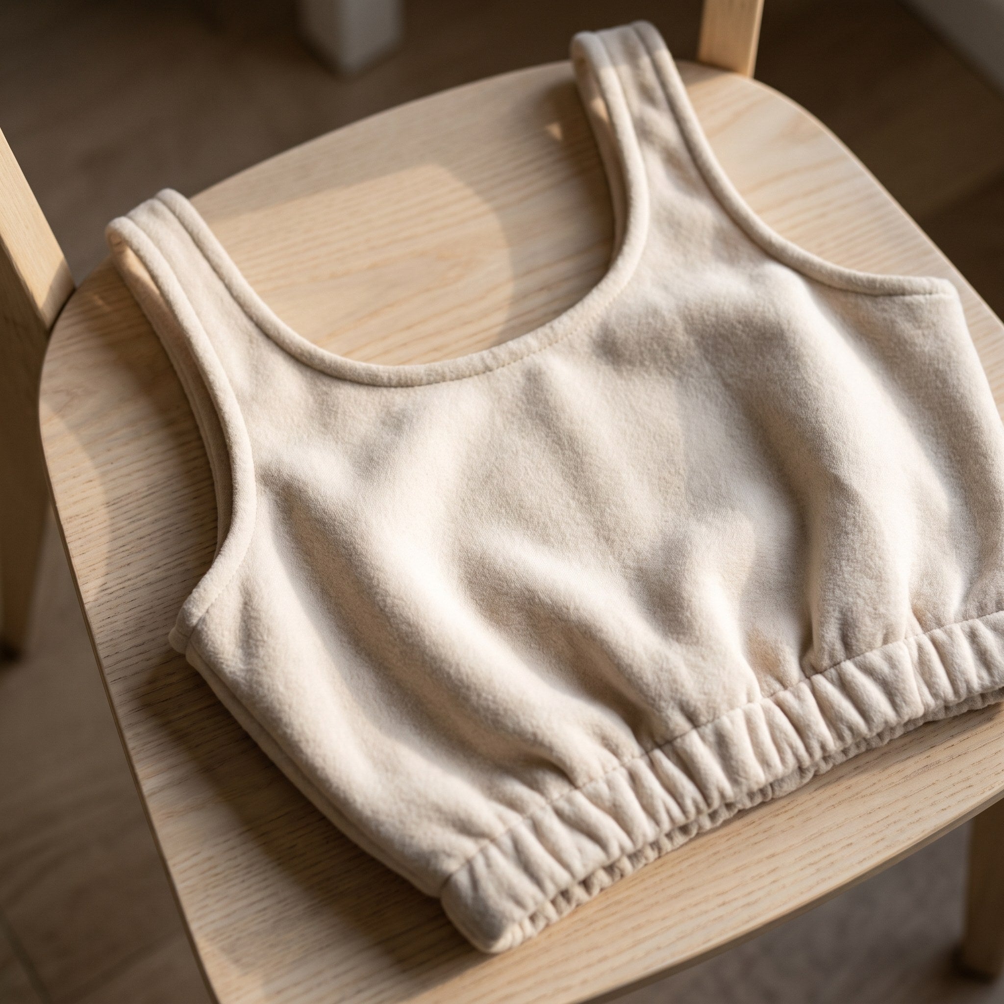 Débardeur court beige posé à plat, encolure ronde et bande élastique du bas Image