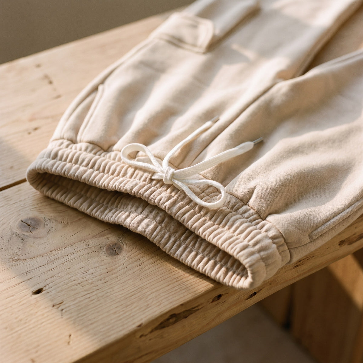 Ceinture élastique froncée et cordon noué du pantalon de jogging beige Image