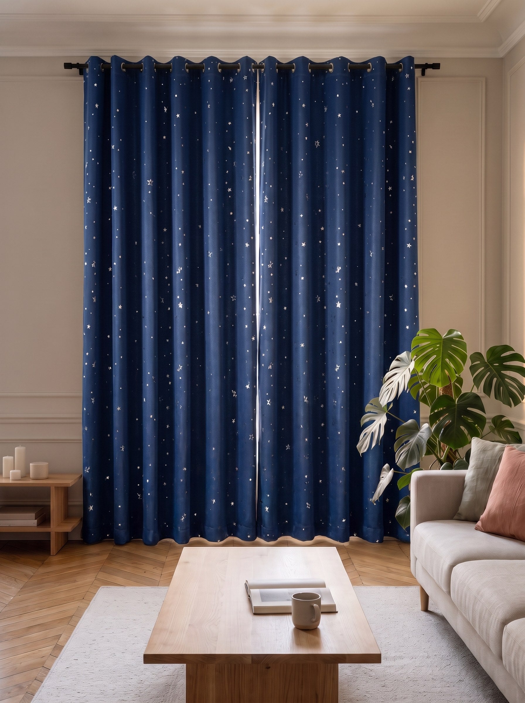 Deux pans bleu marine fermés sur la fenêtre d'un salon en pleine journée Image