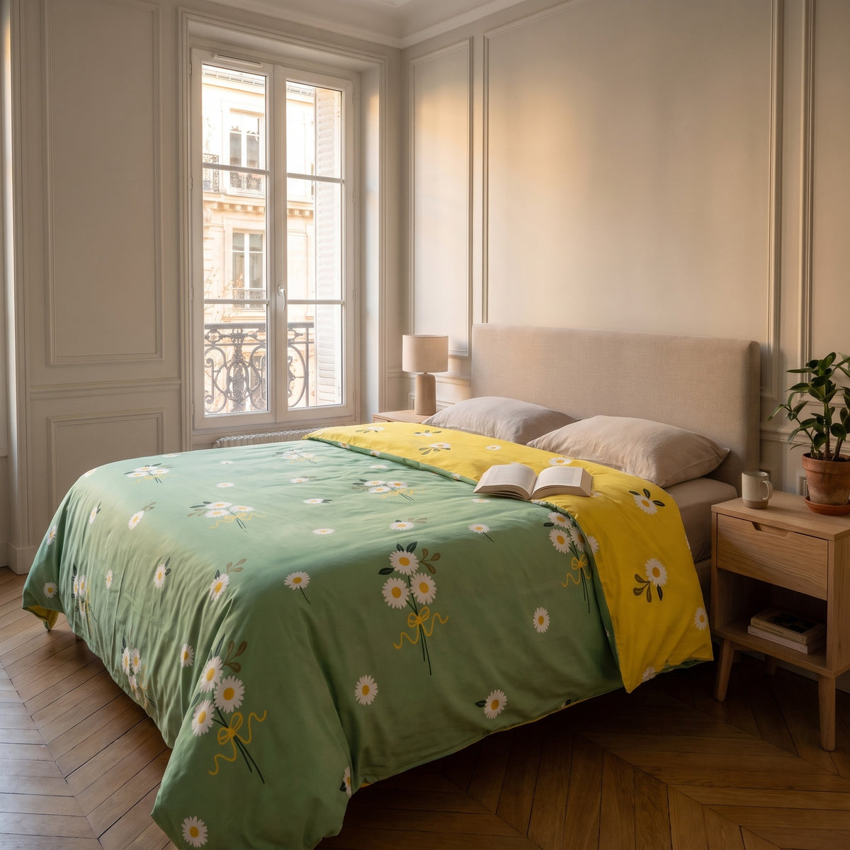 Le lit fait avec la housse de couette verte à pâquerettes, vu depuis le côté de la chambre Image