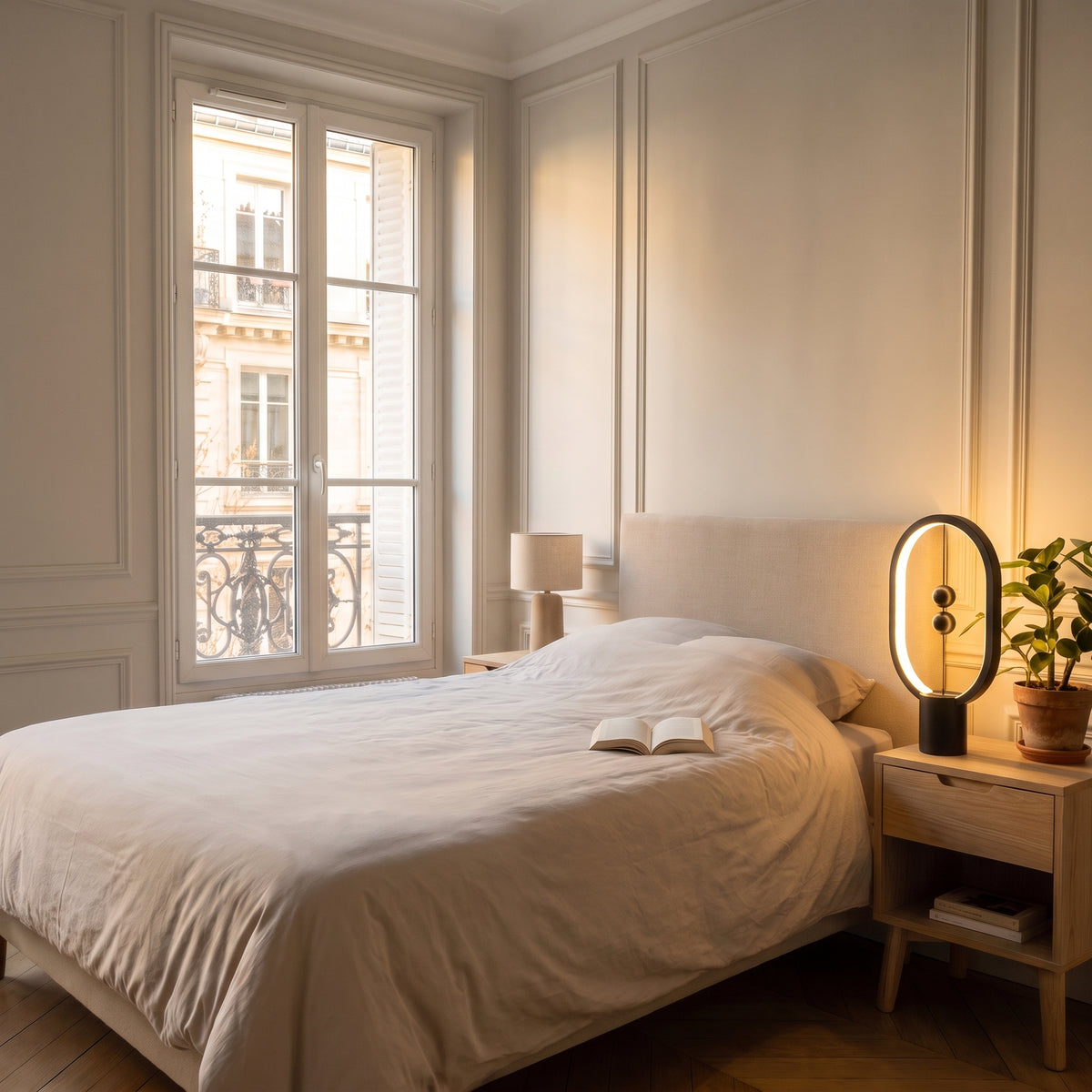 Lampe de chevet ovale en métal noir à billes magnétiques, allumée au chevet d'une chambre, son halo chaud sur le mur Image