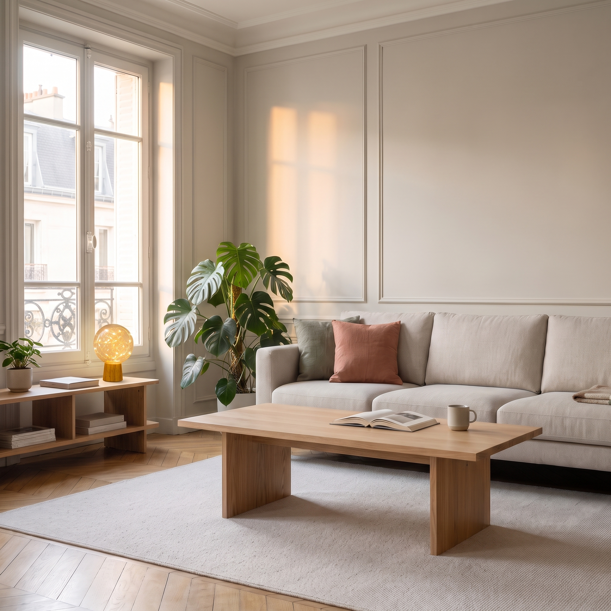 Lampe boule LED à guirlande lumineuse sur socle en bois dans une ambiance de salon Image