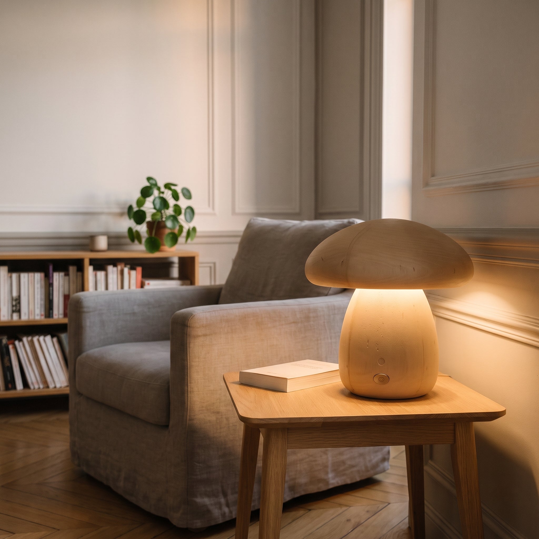 Lampe champignon en bois clair allumée sur la table du coin lecture, lumière réglable Image