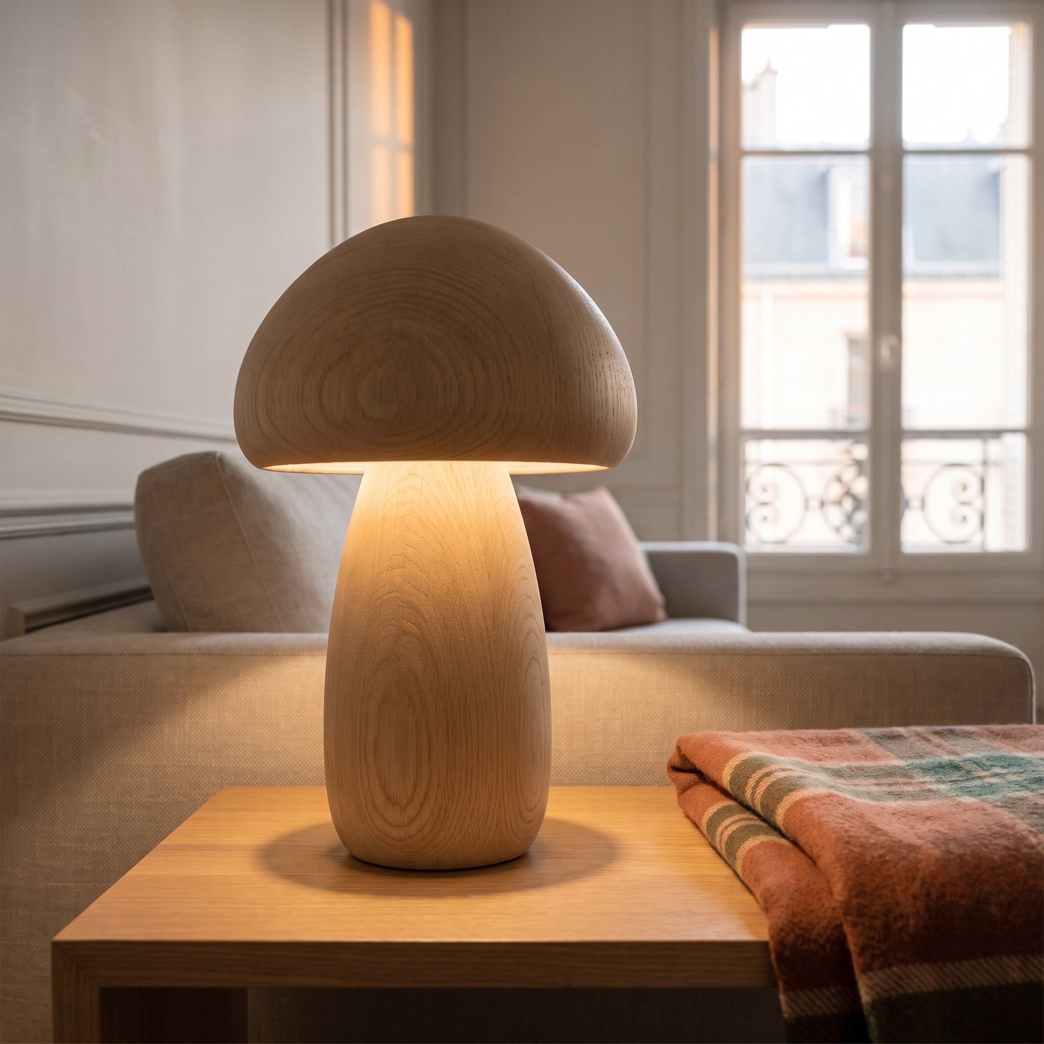 Lampe champignon en bois clair allumée sur la table d'appoint du salon, sans fil Image