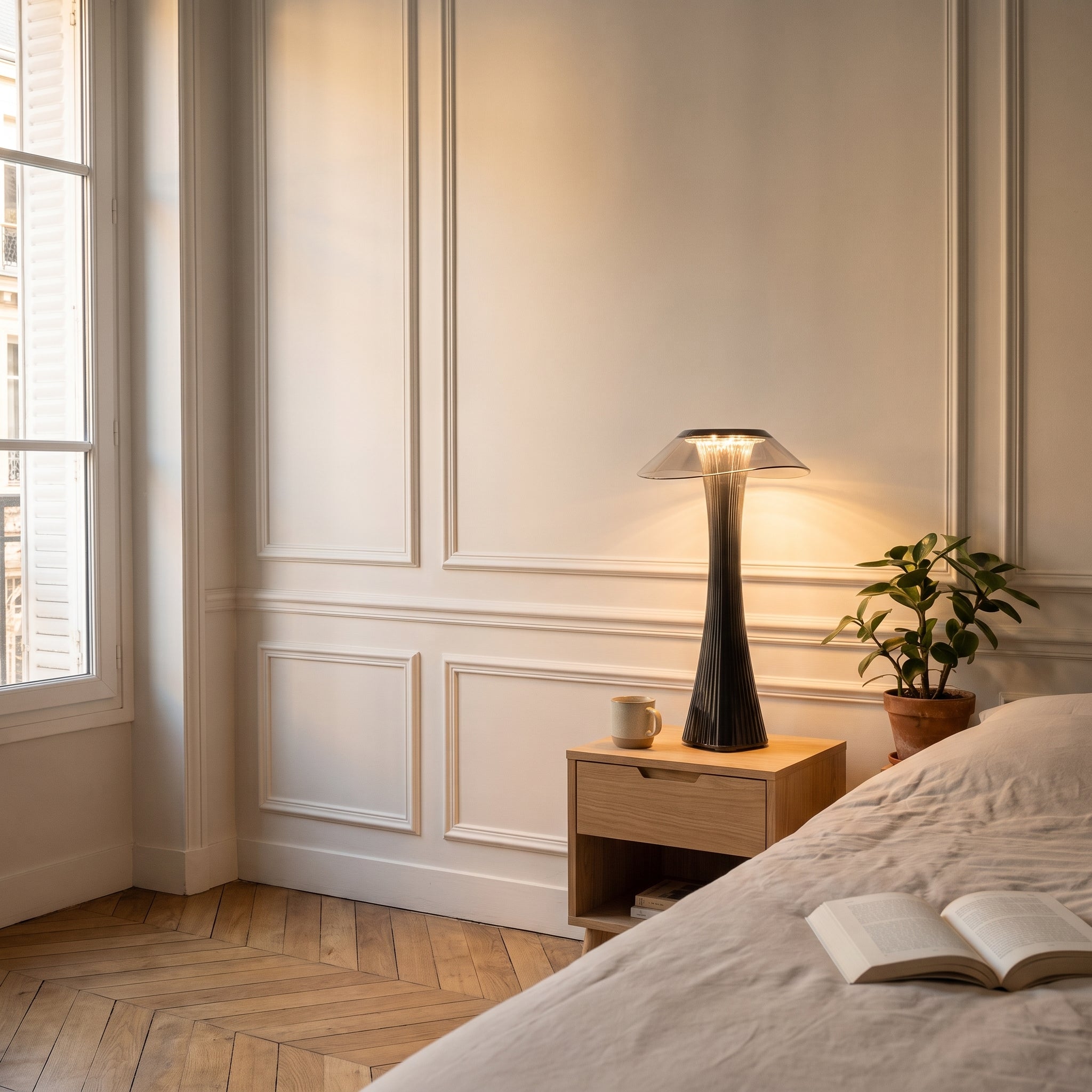 Lampe de chevet sans fil gris fumé allumée sur une table de chevet Image