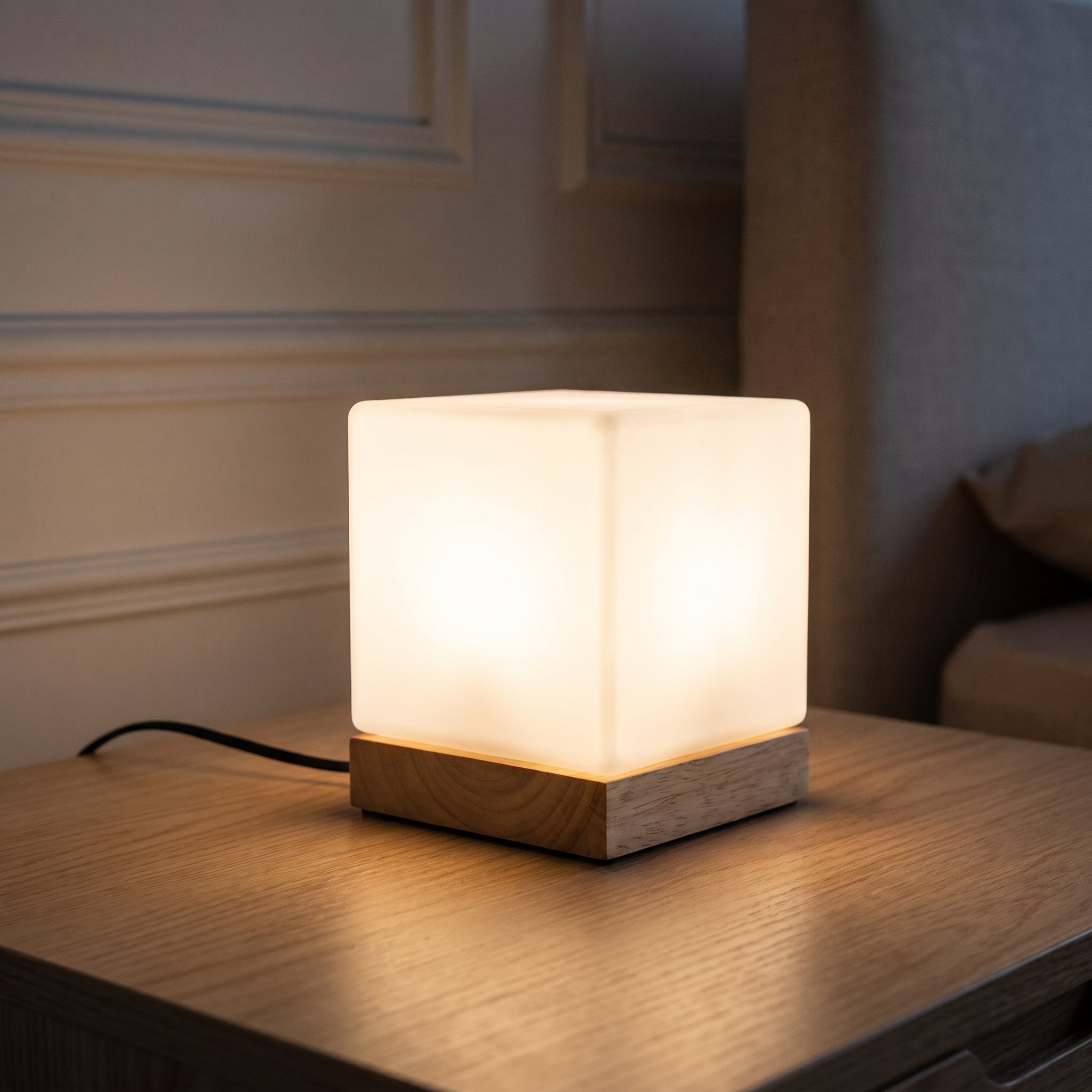 Halo chaud de la lampe cube sur le bois du plateau Image