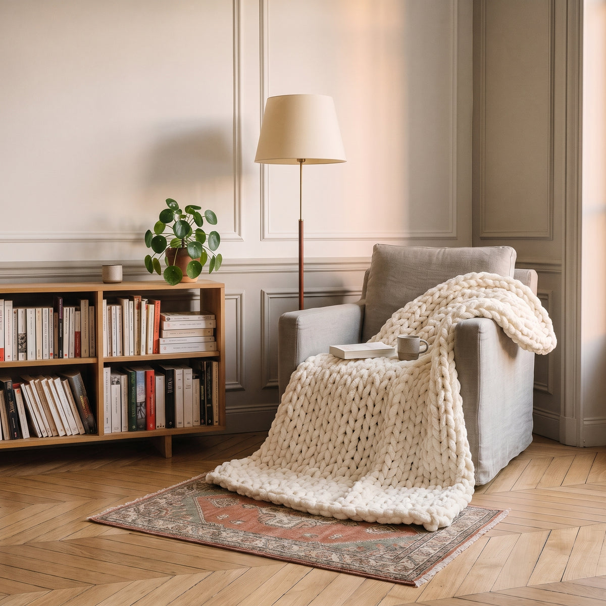Plaid en maille chenille écru posé sur un fauteuil Image