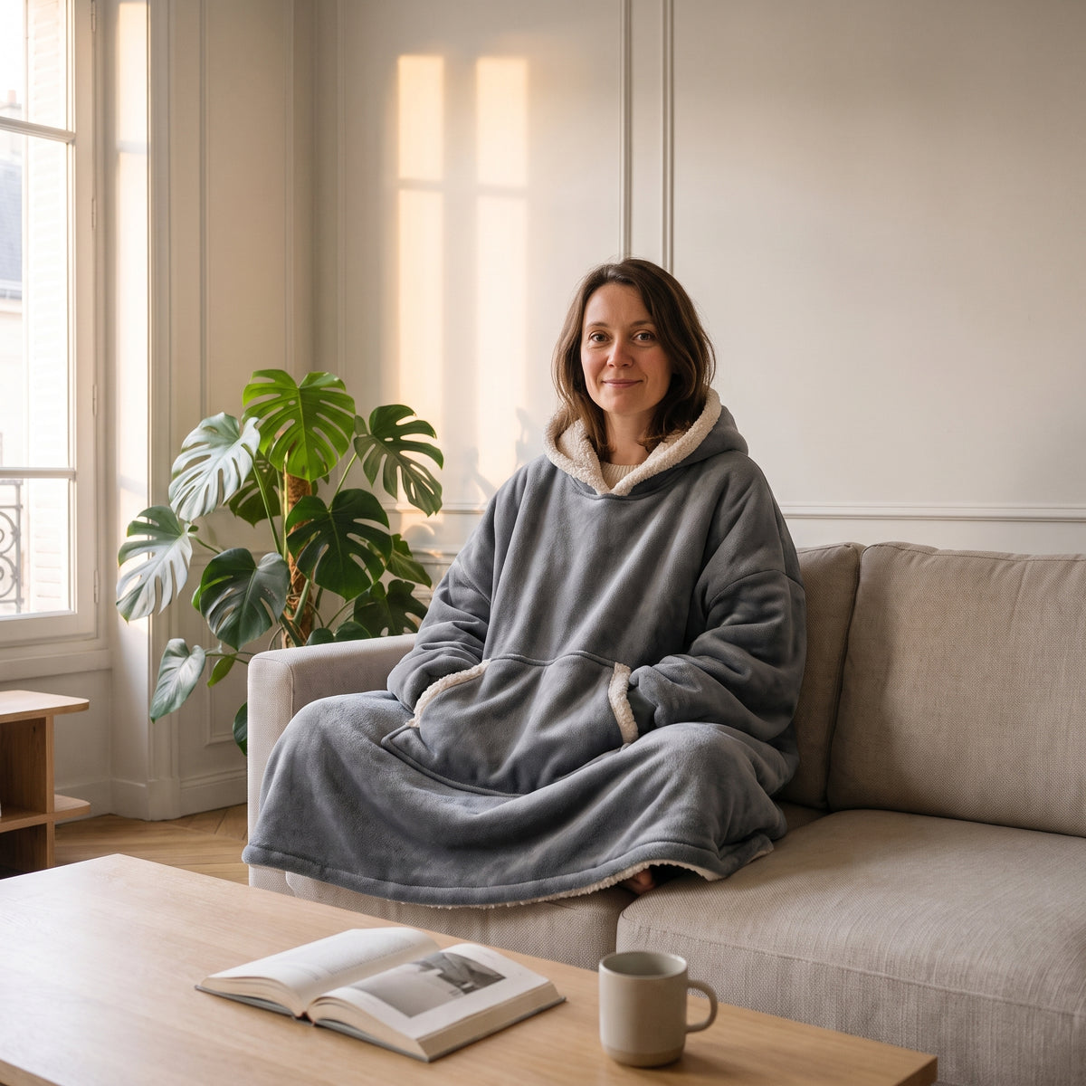 Poncho porté sur le canapé, jambes repliées dessous Image