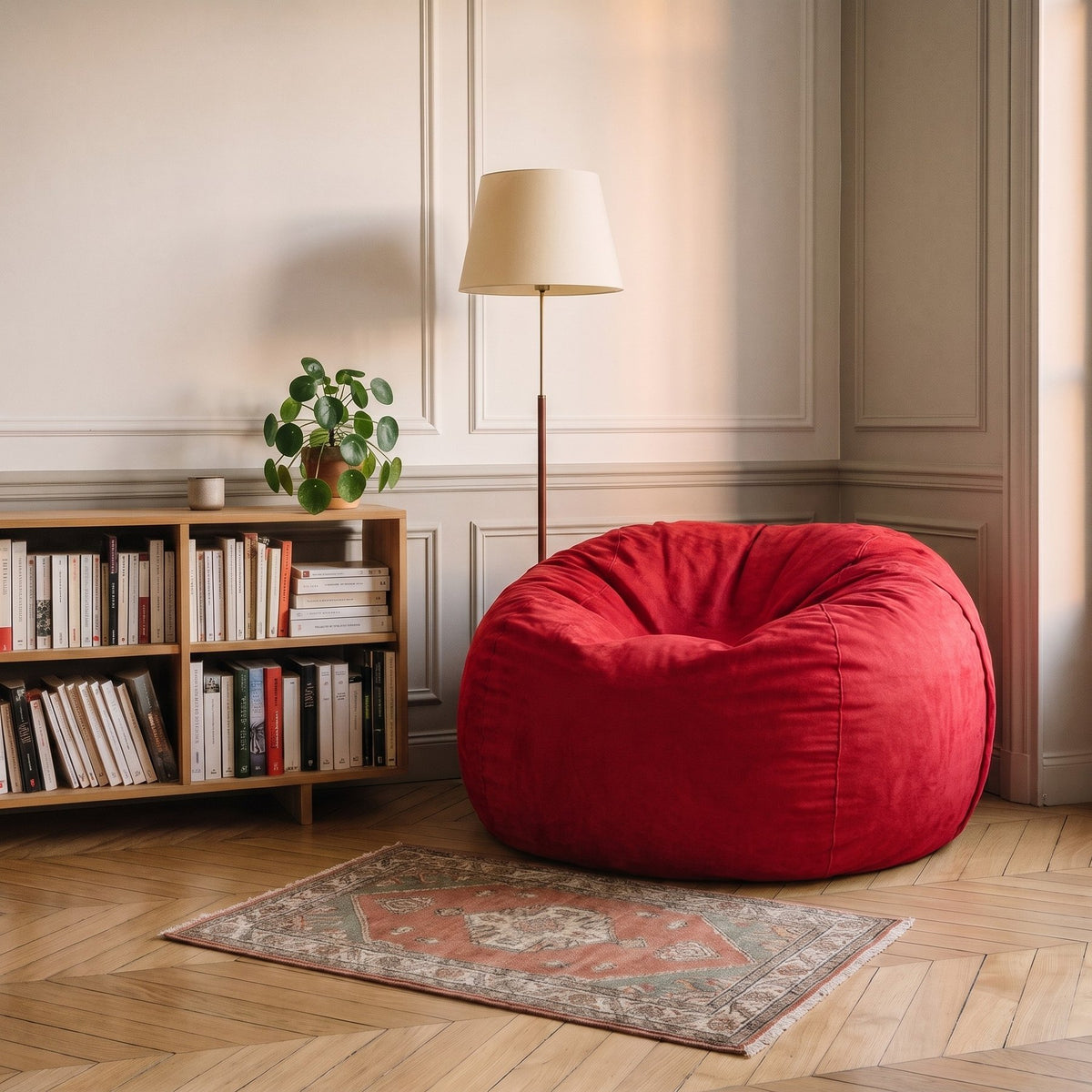 Pouf géant rouge posé sur le parquet d'un coin lecture, à côté d'un fauteuil Image