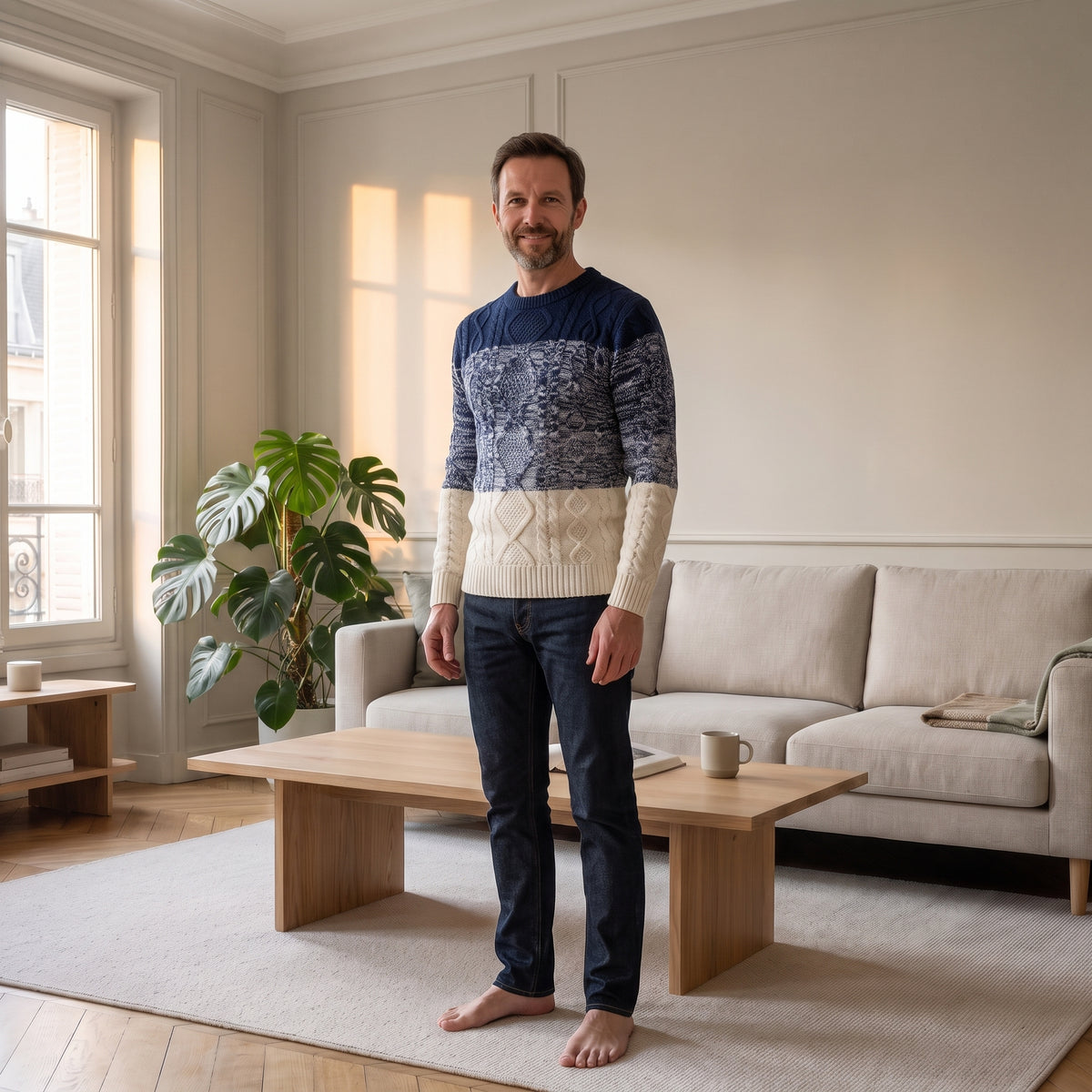 Pull homme bleu marine porté Image