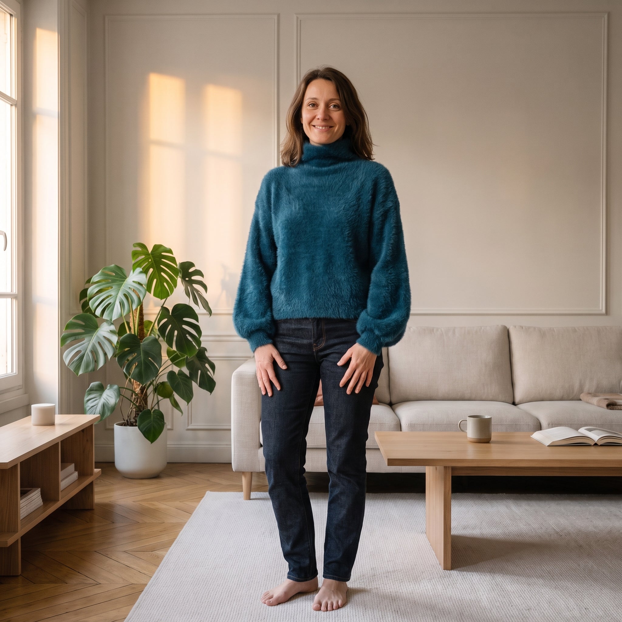 Pull duveteux bleu canard, longueur à la taille Image