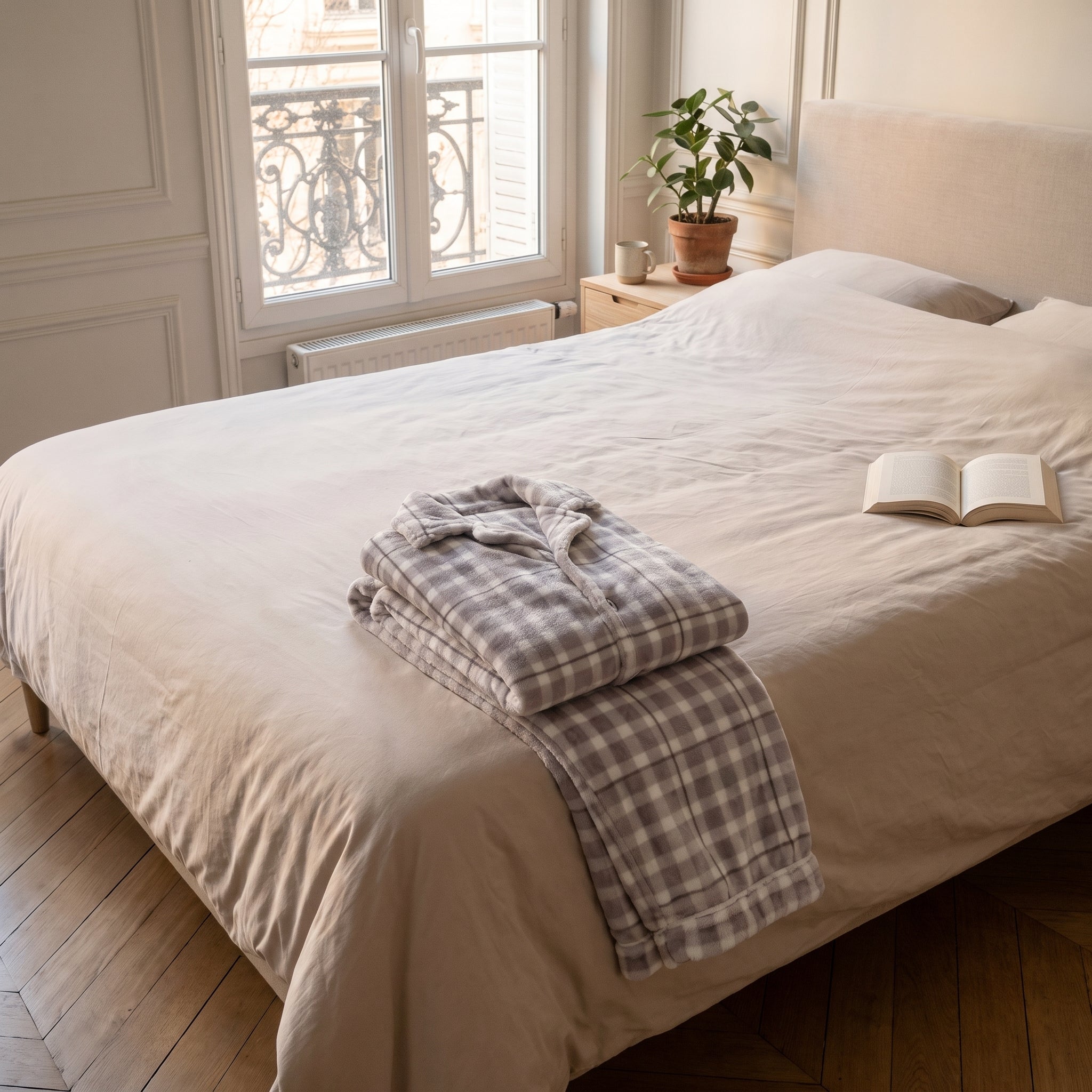 Le pyjama polaire à carreaux plié au pied d'un lit fait Image