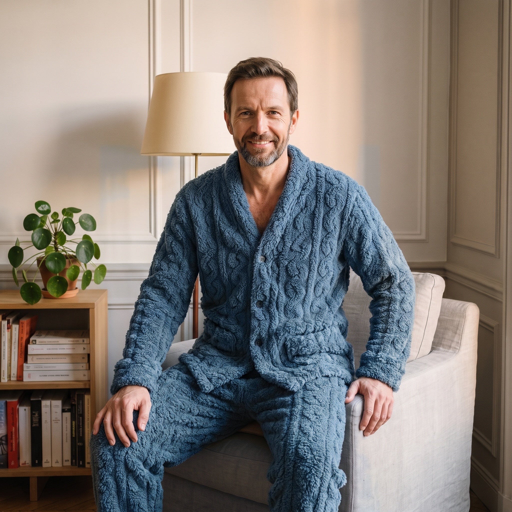 Homme assis dans un fauteuil en pyjama peluche bleu Image